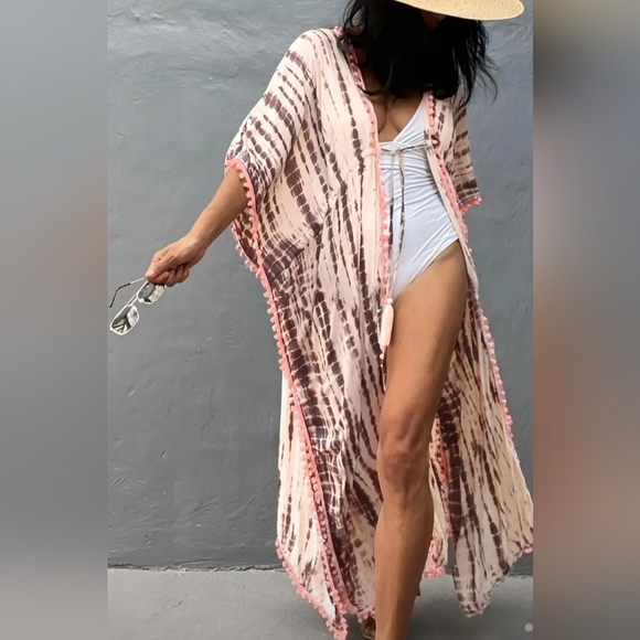 2 FOR $50 NEW Summer Bohemian Tie-Dye Kimono with Pink Pom Pom Trim (#1,290) - Picture 3 of 5